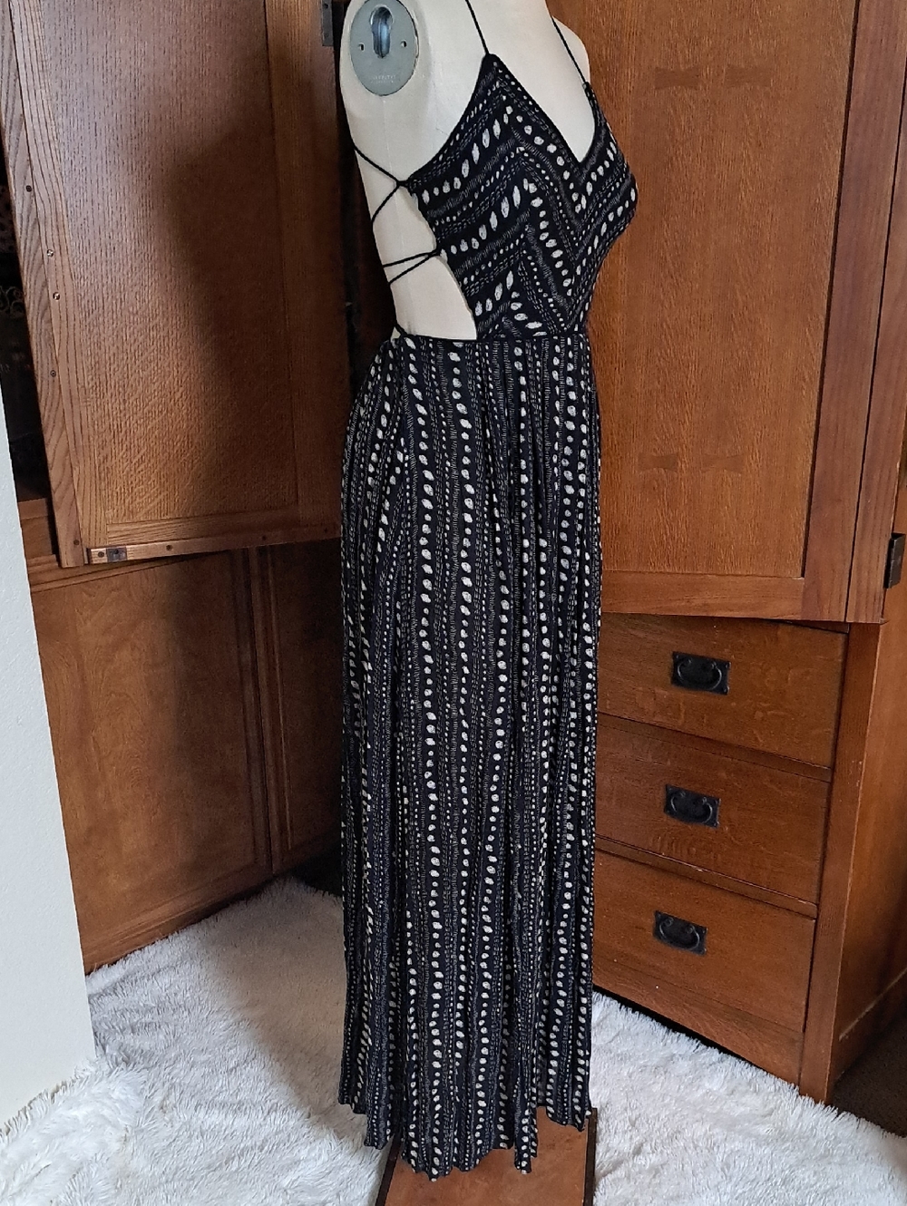 Ecote Strappy Back Safari Maxi Dress Black Tan Tribal Boho Small